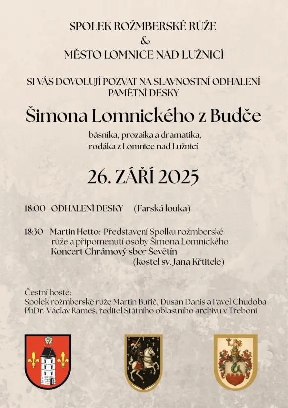 Odhalení pamětní desky Šimona Lomnického z Budče